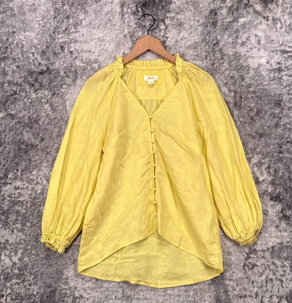 Anthropologie Top Small Womens Yellow Linen Puff Sleeve High Low Button Tunic
